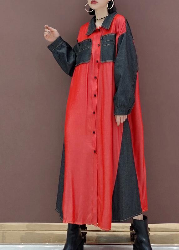 Handmade Lapel Patchwork Spring Long Dress Photography Red Kaftan Dress