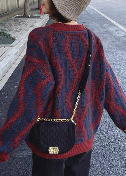 Dark Blue O-neck Thick Plaid Knit Sweaters Fall