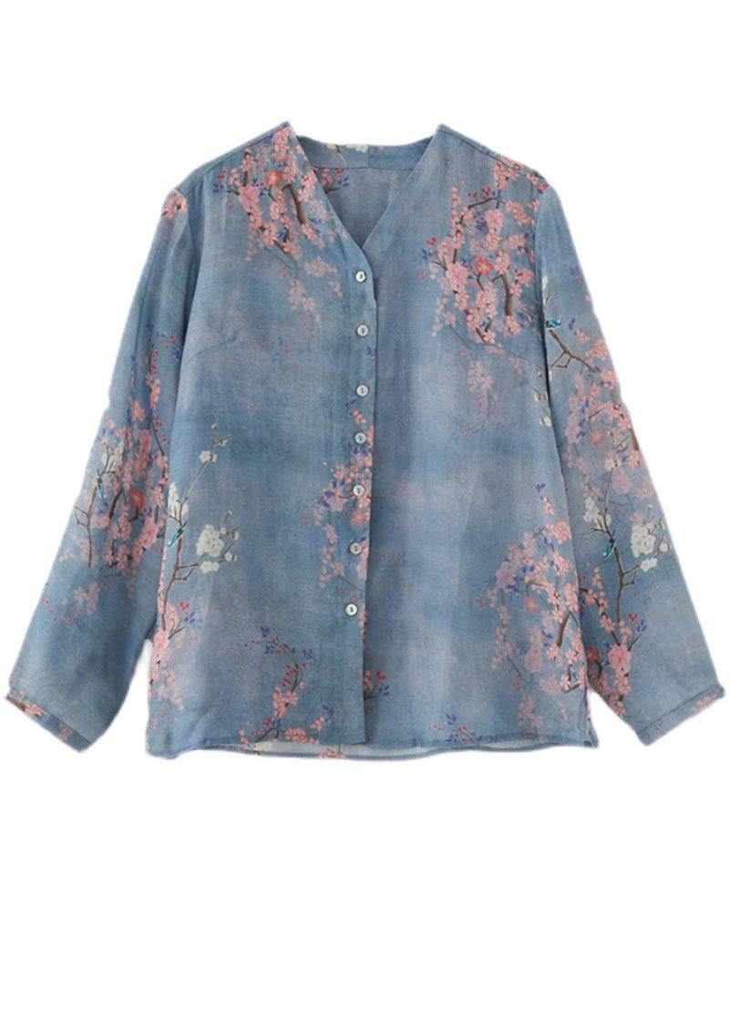 French Grey Blue Print Button Linen Shirt Top Long Sleeve