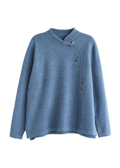 Blue Stand Collar Embroideried Thick Knitted Sweater Long Sleeve