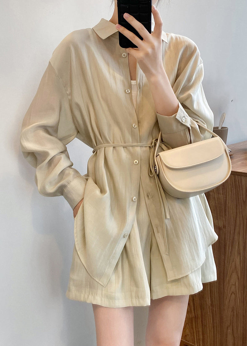 Light Green Lace Up Silk Two Pieces Set Spring