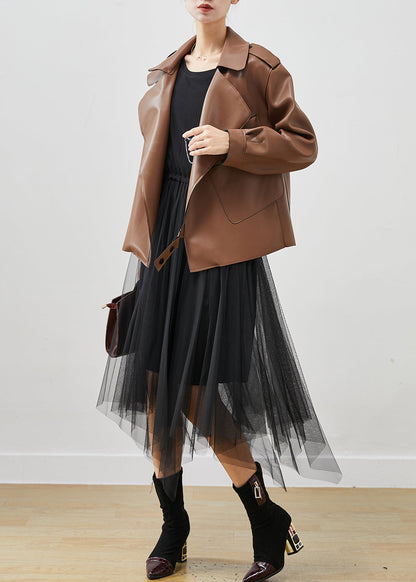 Khaki Faux Leather Coats and Tull Dress Two Piece Suit Set Oversized Spring