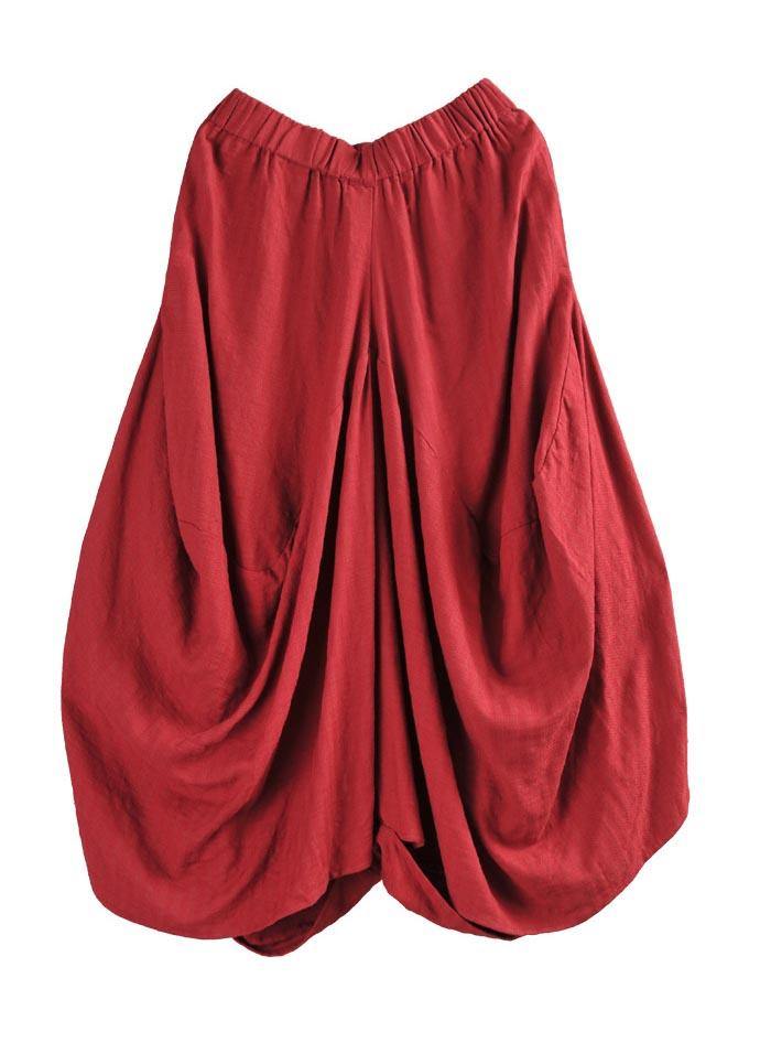 Red Pockets Cotton Linen Big Crotch Pants Summer Pants