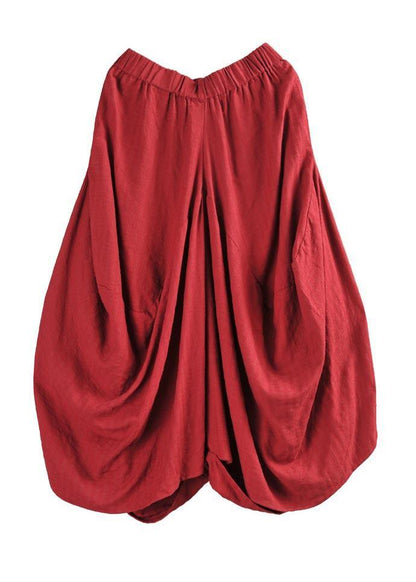 Red Pockets Cotton Linen Big Crotch Pants Summer Pants