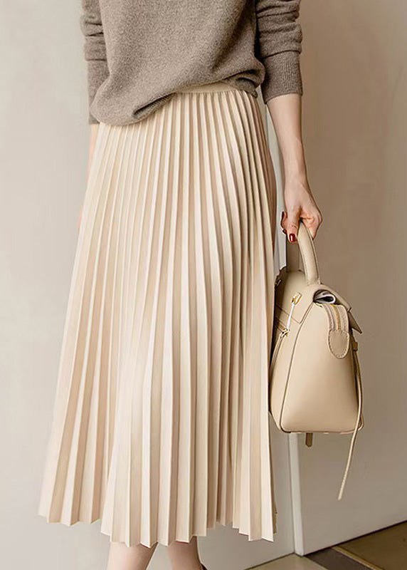Apricot Elastic Waist Pleated Skirt Spring