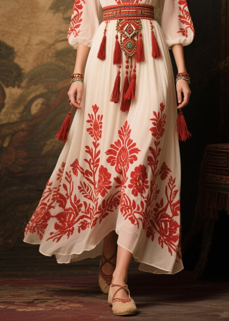 Red Tasseled Print Chiffon Dress Lantern Sleeve