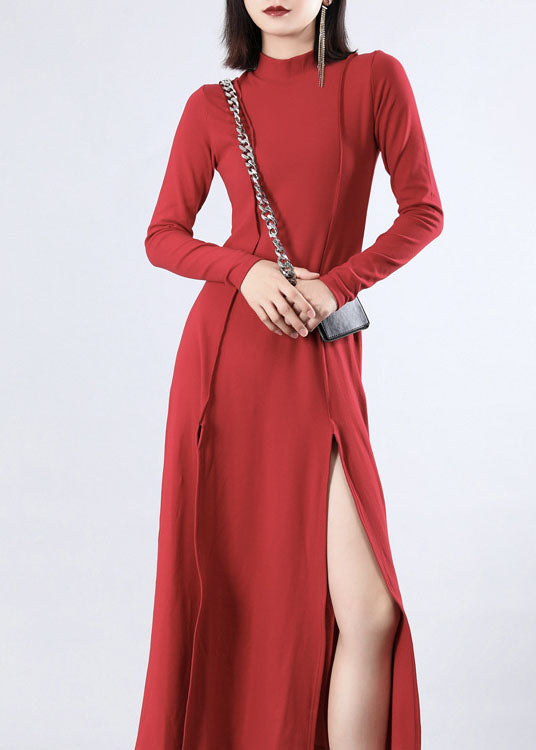 Italian Red Stand Patchwork Asymmetrical Design Fall Dresses Long Sleeve