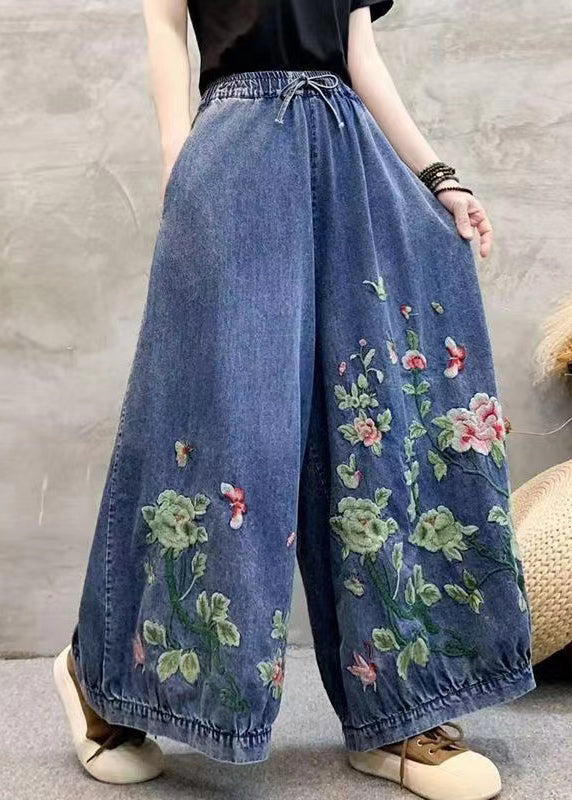 Blue Embroidered Elastic Waist Denim Wide Leg Pants Spring