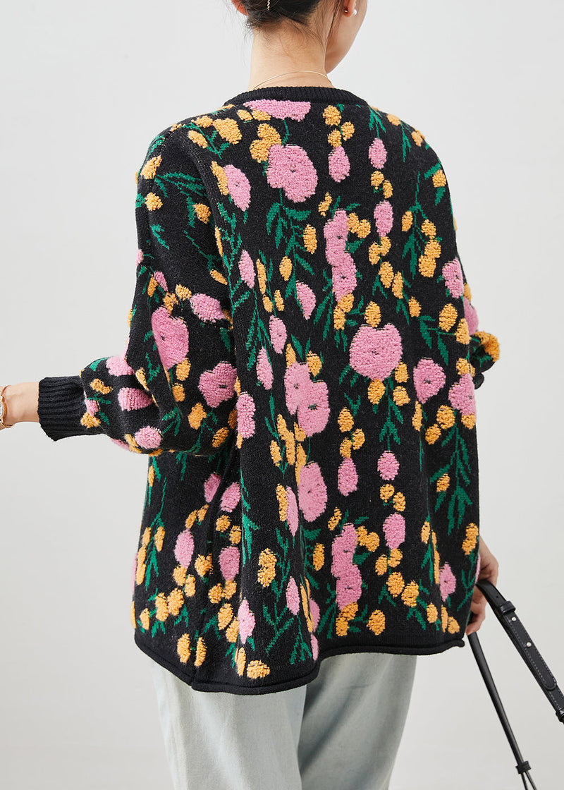 Black Jacquard Knit Cardigan O-neck Winter