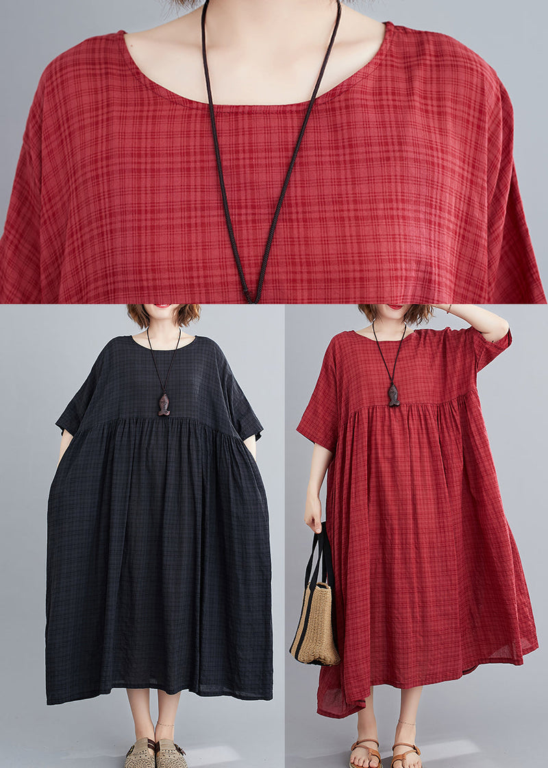 Black Plaid Loose Linen Dress Wrinkled Short Sleeve