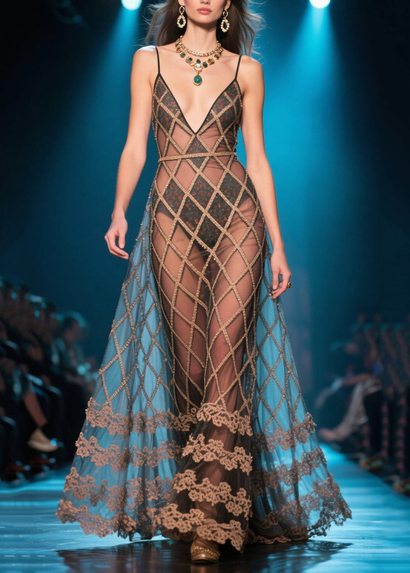 Brown Plaid Silm Fit Tulle Party Dress Summer