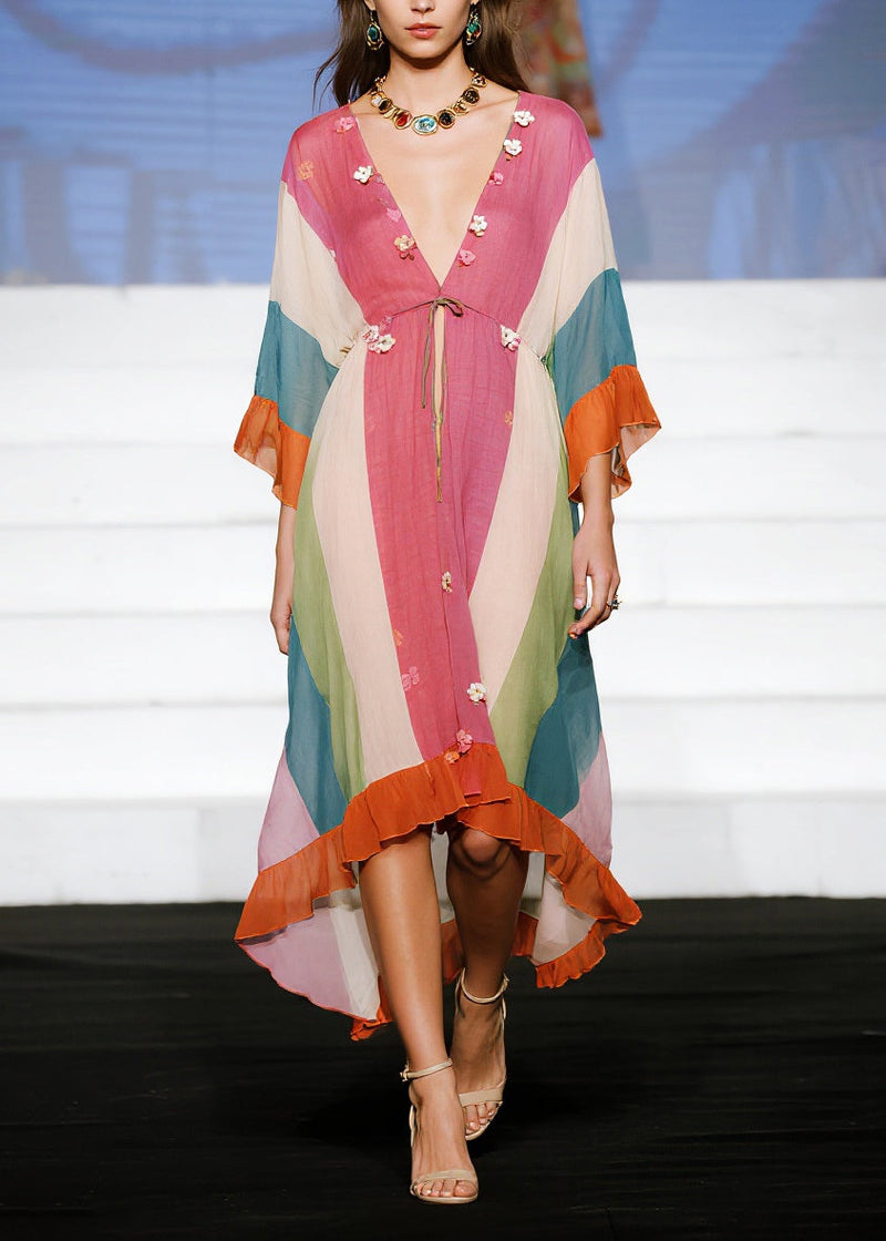 Stylish Colorblock Flower Patchwork Ruffles Cotton Dress Summer