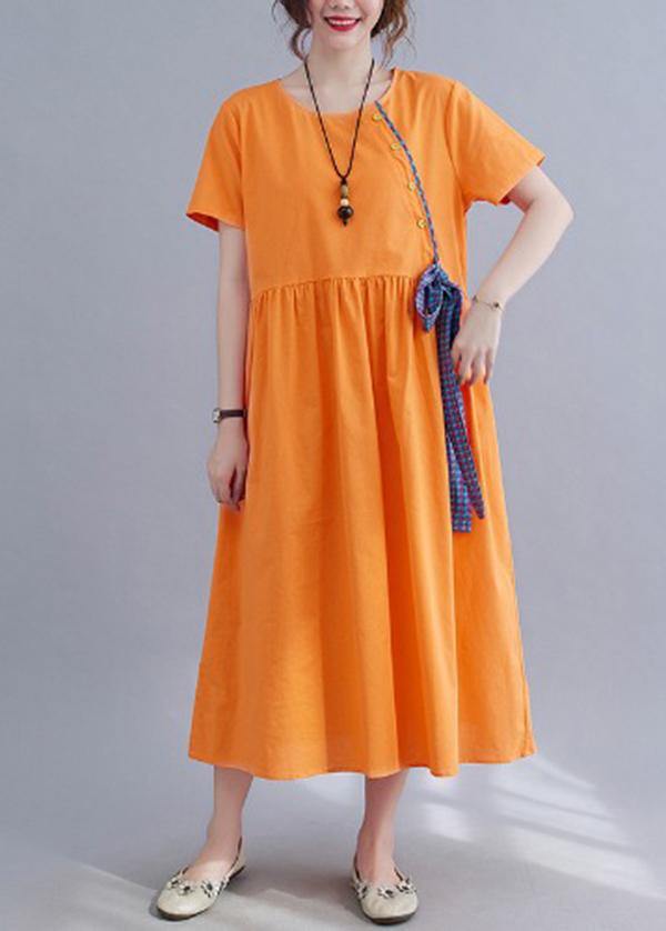 French Orange Patchwork Button Party Summer Cotton Linen Dress