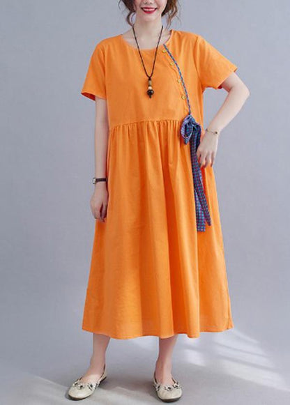 French Orange Patchwork Button Party Summer Cotton Linen Dress