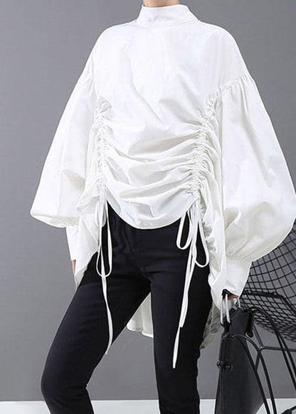 Italian White Drawstring Stand Collar Tops Puff Sleeve