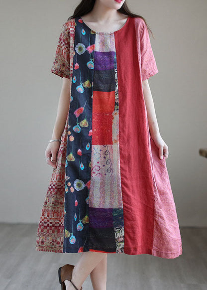 Red Loose Patchwork Cotton Blend Fall Short Sleeve Long Dresses