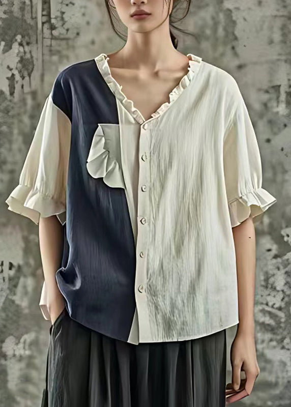 Blue Ruffled Patchwork Tops Short Sleeve