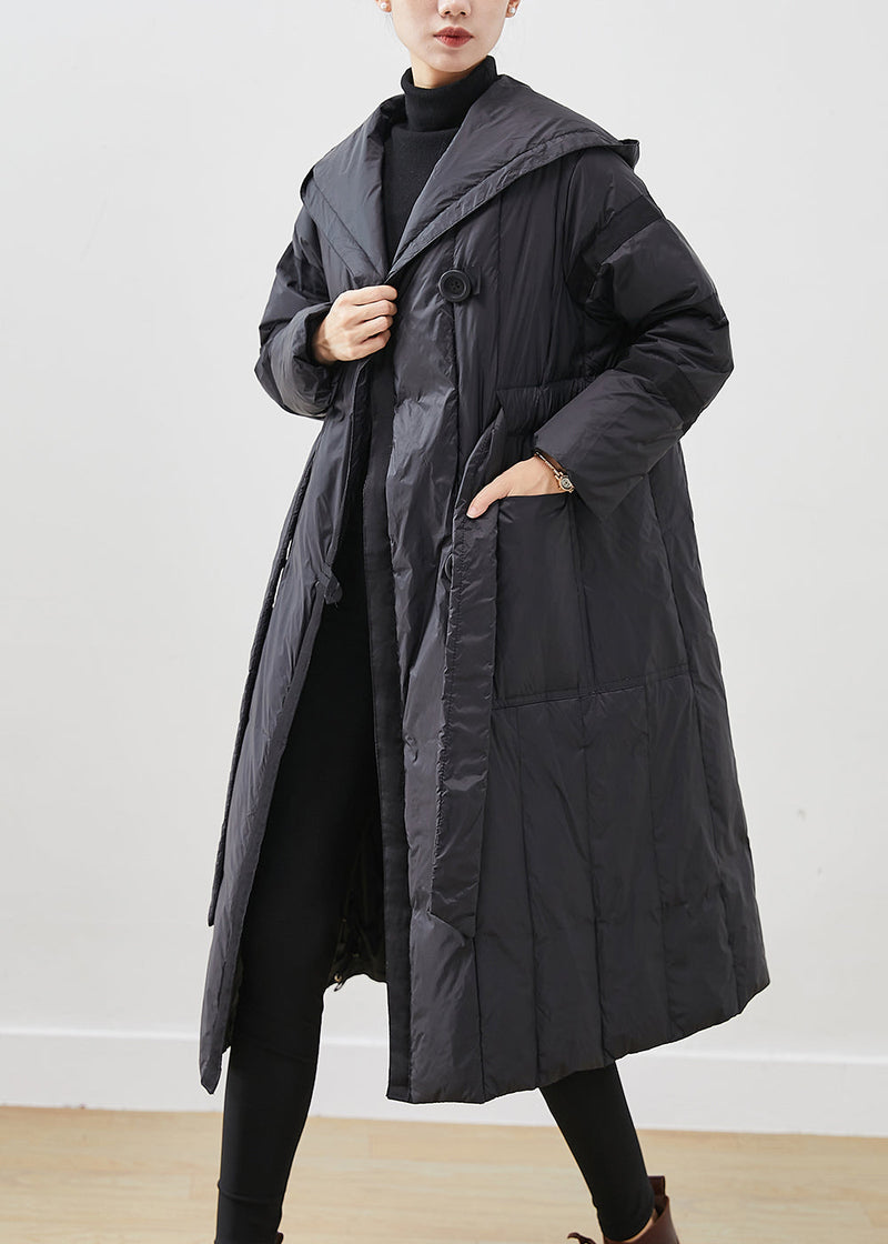 Black Oversized Tie Waist Duck Down Down Coats Winter