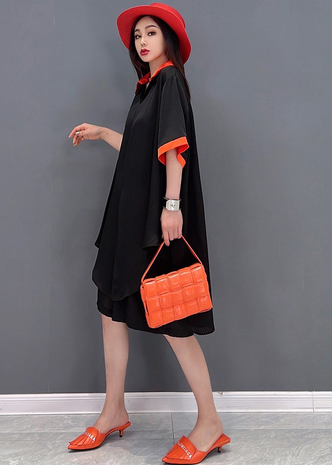 Black Peter Pan Collar Patchwork Chiffon Long Shirt and Shorts Two Pieces Set Summer