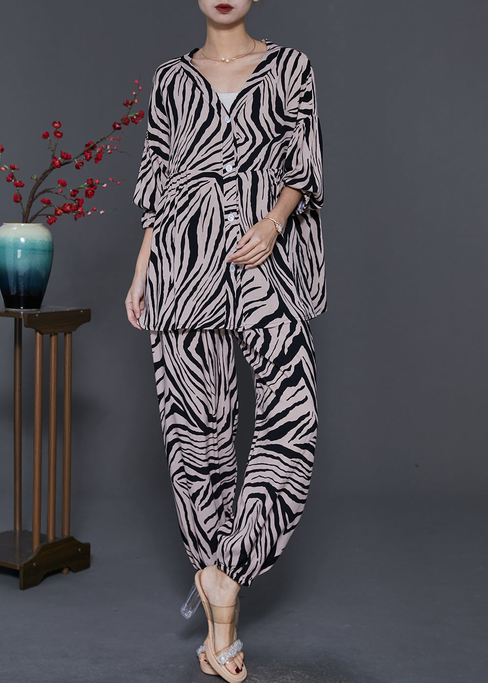 Oversized Zebra Pattern Cotton Two Pieces Set Spring