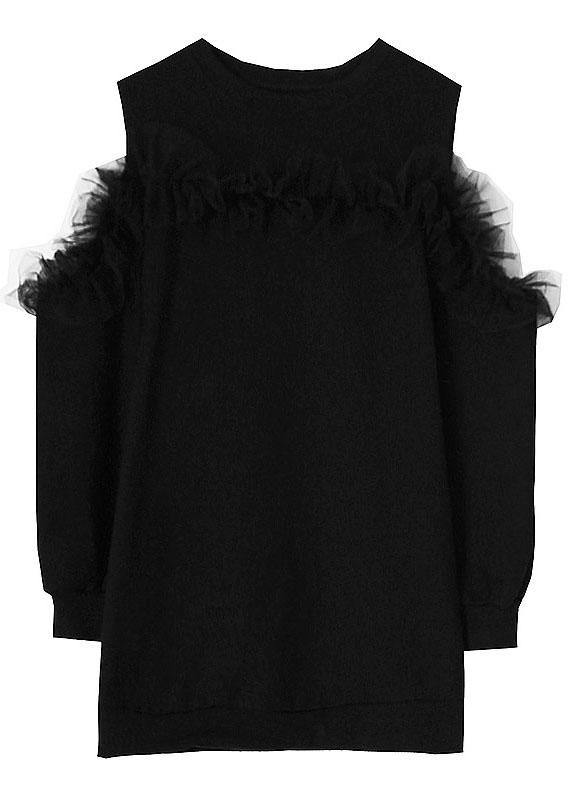 Black Patchwork Tulle Cold Shoulder Long Sleeve Pullover Sweatshirt