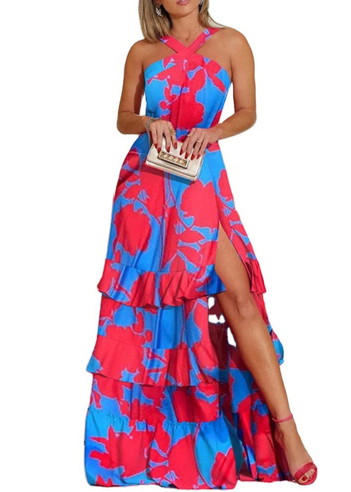 Blue Print Side Open Cotton Ankle Dress Sleeveless