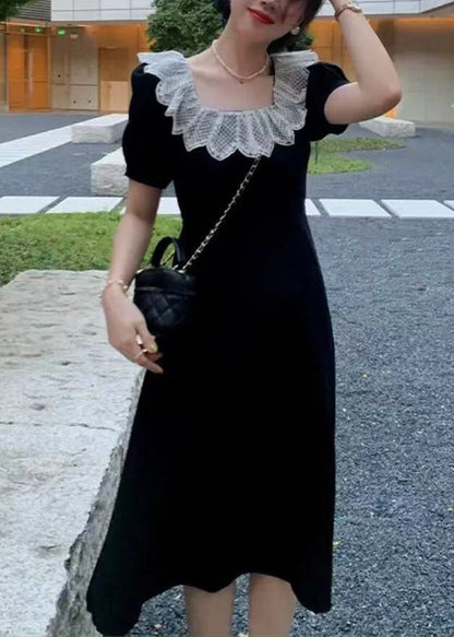 New Black Square Collar Cotton Dress Summer