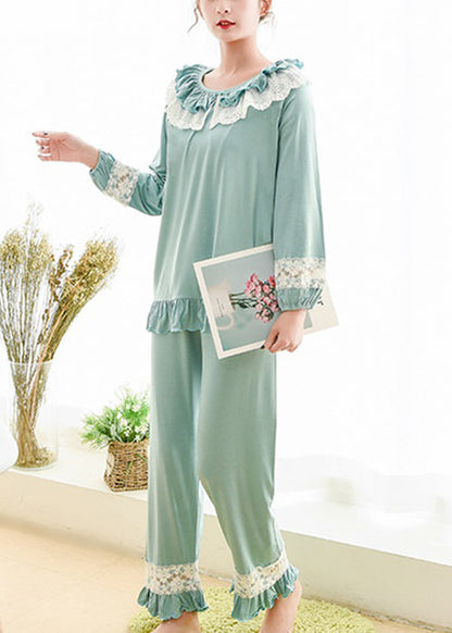 Blue Lace Patchwork Cotton Pajamas Two Piece Set Fall
