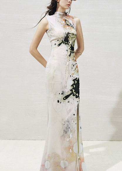 Fine White Butterfly Print Maxi Dresses Two Piece Set Sleeveless