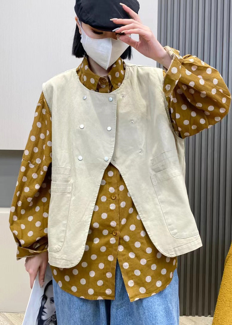 Diy Yellow O-neck Double Breast Pockets Asymmetrical Design Cotton Vest Spring