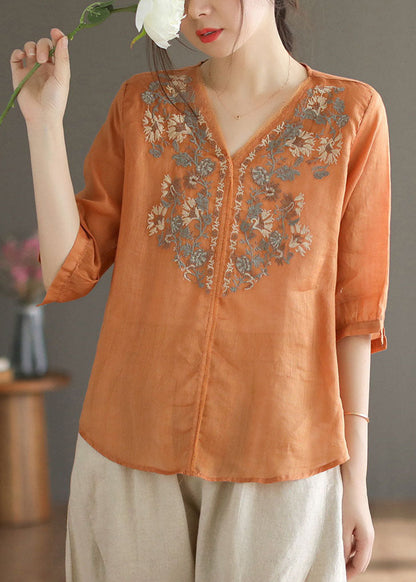 Orange V Neck Embroideried Linen Blouse Top Half Sleeve