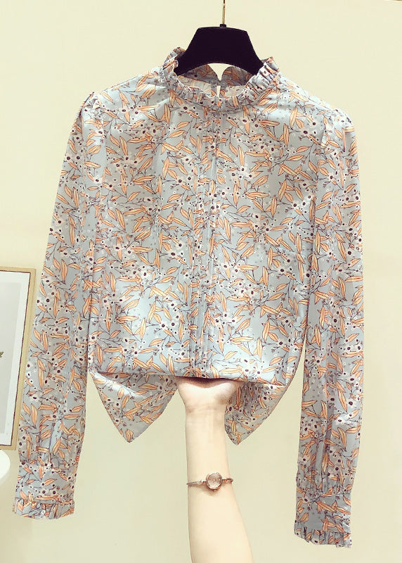 Stand Collarc Ruffled Print Chiffon Shirts Spring