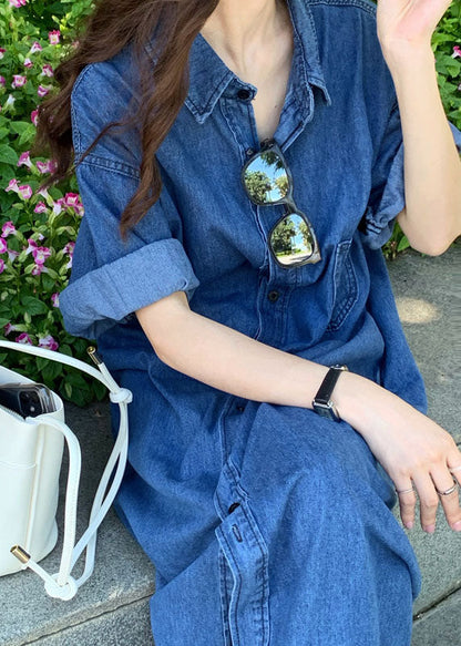 Blue Peter Pan Collar Patchwork Denim Shirts Dresses Summer