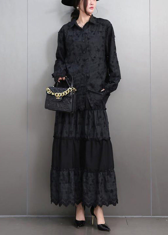 Black Lace Top and Maxi Skirts Two Pieces Set Peter Pan Collar Fall