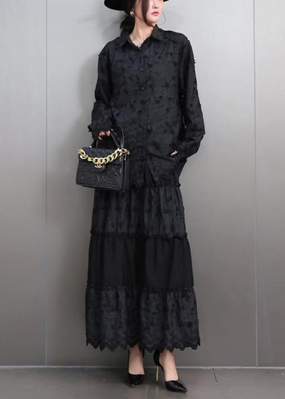 Black Lace Top and Maxi Skirts Two Pieces Set Peter Pan Collar Fall