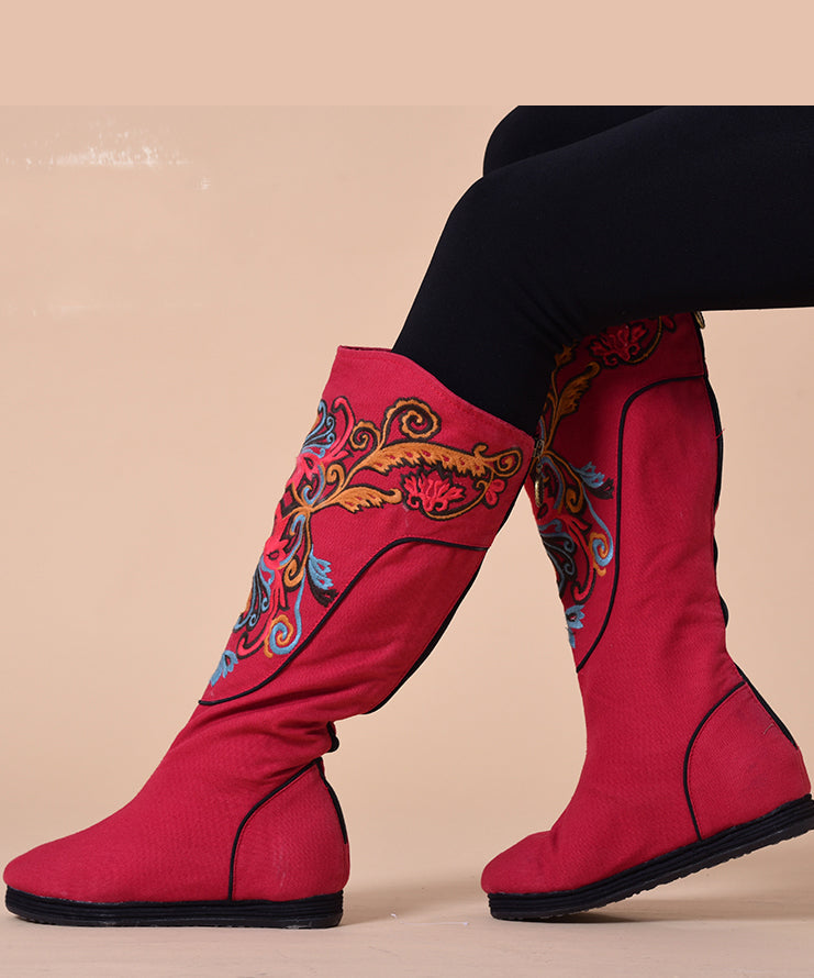 Red Wedge Boots Embroideried Comfy Cotton Fabric Zippered Splicing Boots