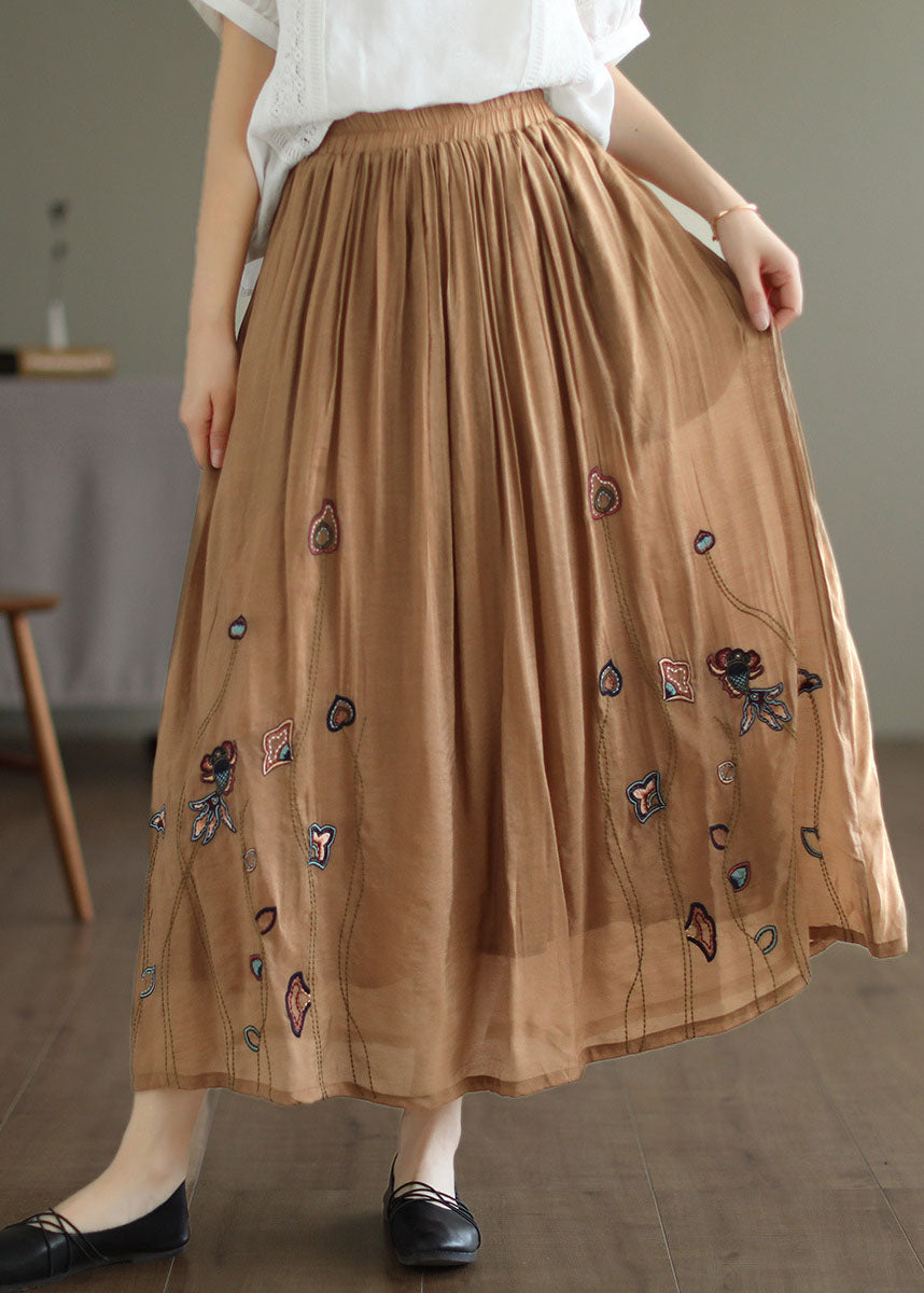 Black Elastic Waist Embroideried Linen Silk Skirt Spring