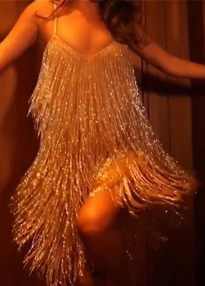 New V-neck Gold Tassel Sequined Suspender Dress