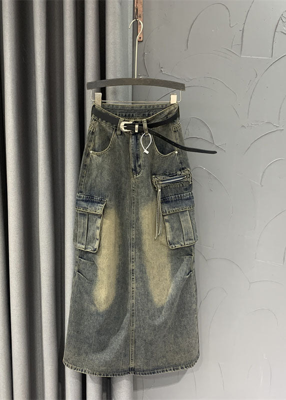 Grey Patchwork Sashes Pockets Straight Skirts Fall
