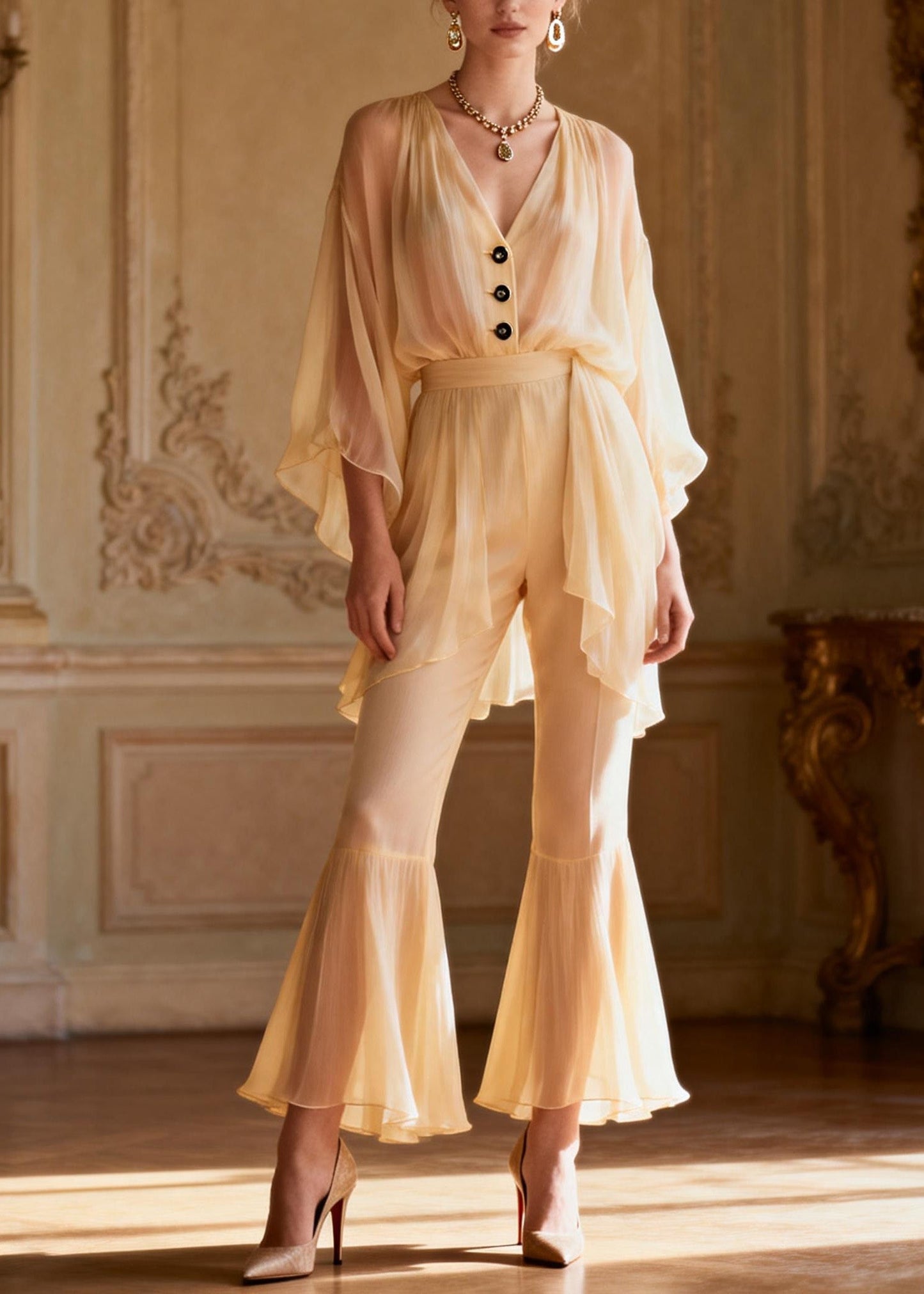 French V Neck Ruffled Patchwork Silk Two Piece Set Outfits Summer