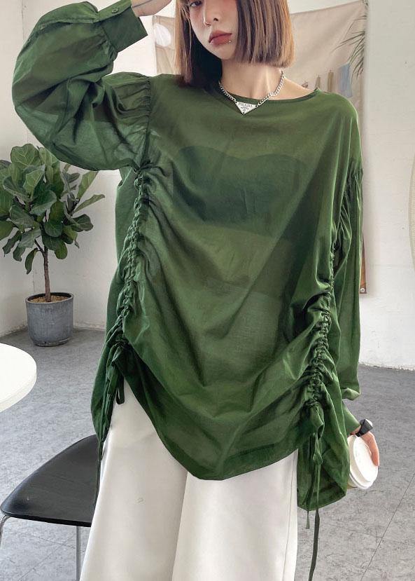 Green Pockets Drawstring Long Sleeve Summer Tops