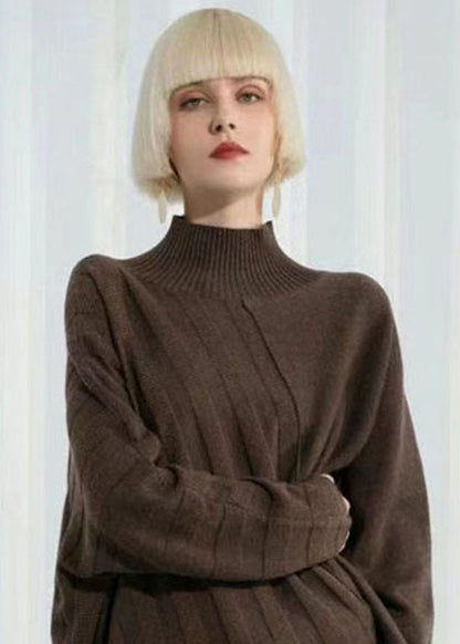 Dark Khaki Turtle Neck Thick Asymmetrical Design Wool Sweater Long Sleeve