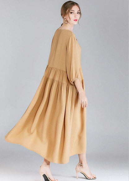 Organic Khaki Drawstring Low High Design Spring Holiday Dress Three Quarter Sleeve