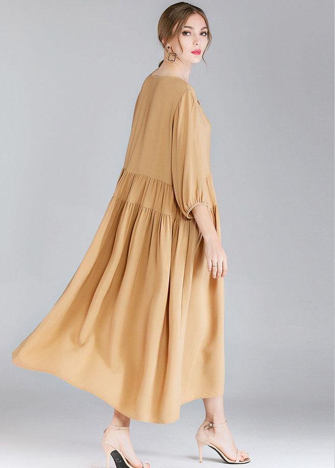 Organic Khaki Drawstring Low High Design Spring Holiday Dress Three Quarter Sleeve