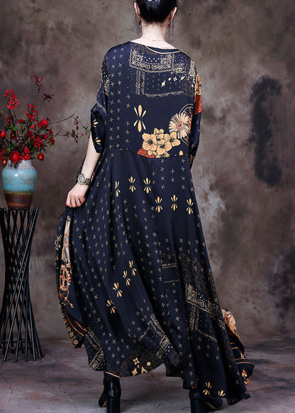 Yellow O-neck Asymmetrical Print Fake Two Pieces Silk Maxi Dress Long Sleeve