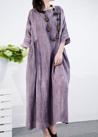 Purple O Neck Pockets Cotton Long Dress Half Sleeve
