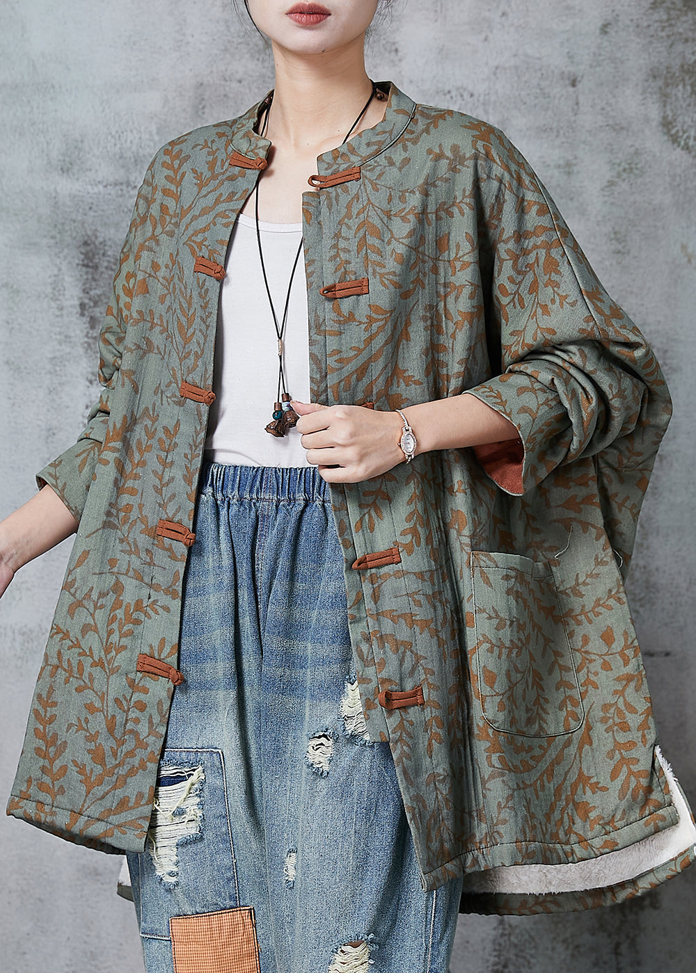 Green Oversized Print Cotton Oriental Coat Spring