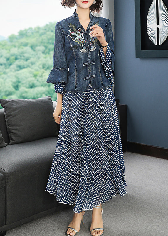 Art Blue Stand Collar Embroideried Denim Coats Flare Sleeve and Dot Print Chiffon Skirts Two Piece Set Clothing