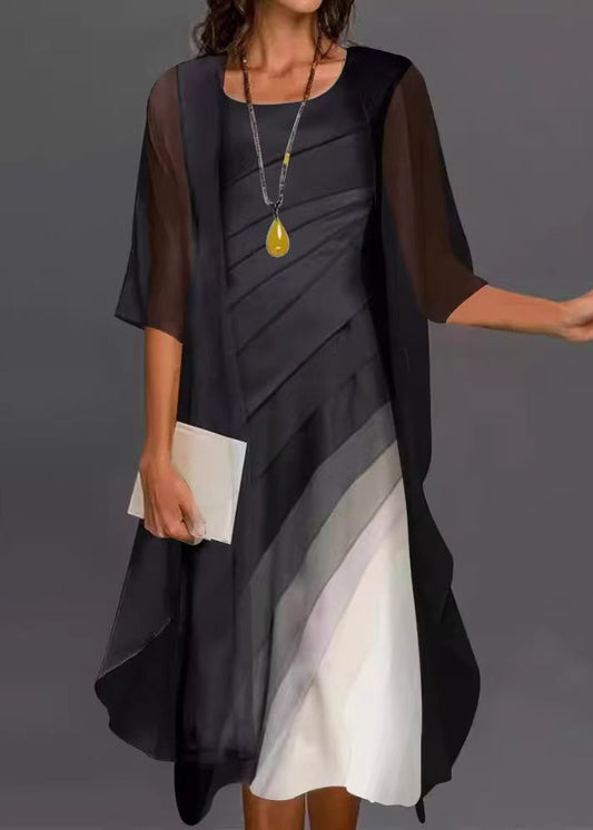 Black O-neck Cardigans and Dress Two Pieces Set Half Sleeve