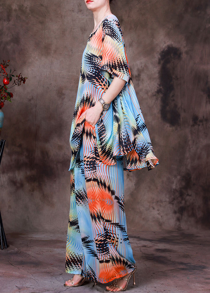 Loose Blue O-neck Print Top and Wide Leg Pants Two Pieces Set Summer